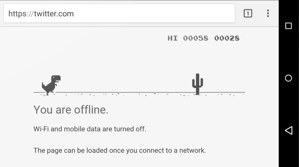 Google Chrome "You are offline" game error message.