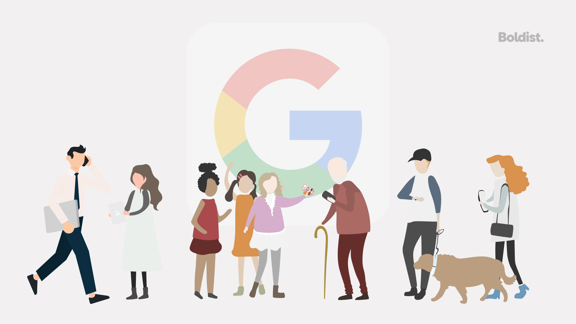 Illustration of different types of people in front of the Google logo