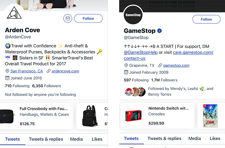 Boldist Twitter Ecommerce examples - Gamestop and Arden Cove