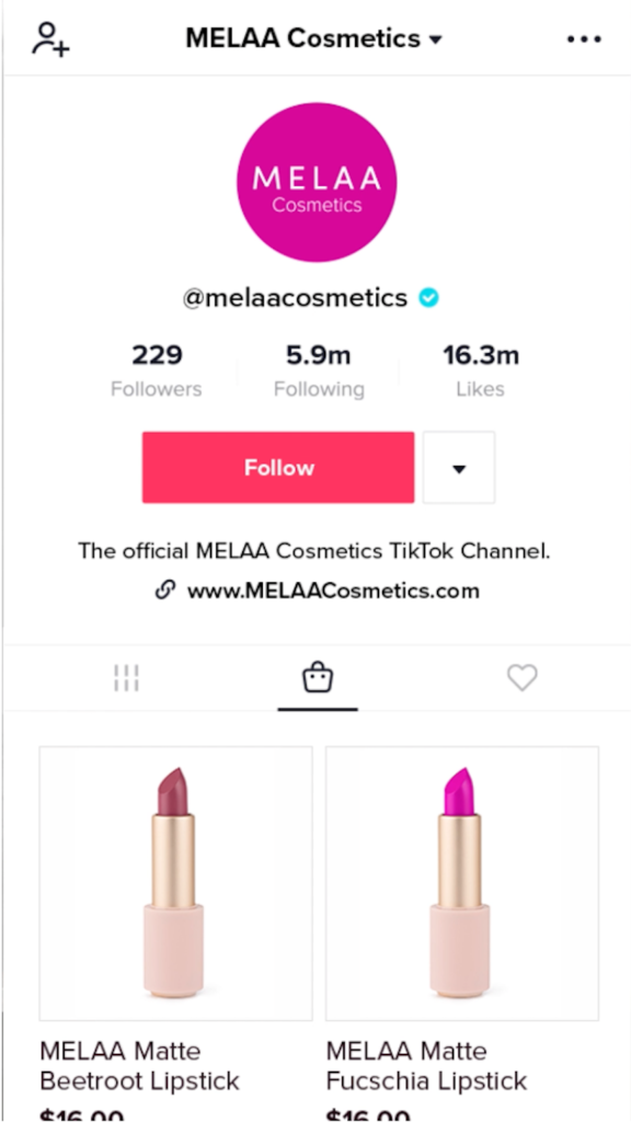 Example TikTok Shopping storefront on Melaa Cosmetics account.