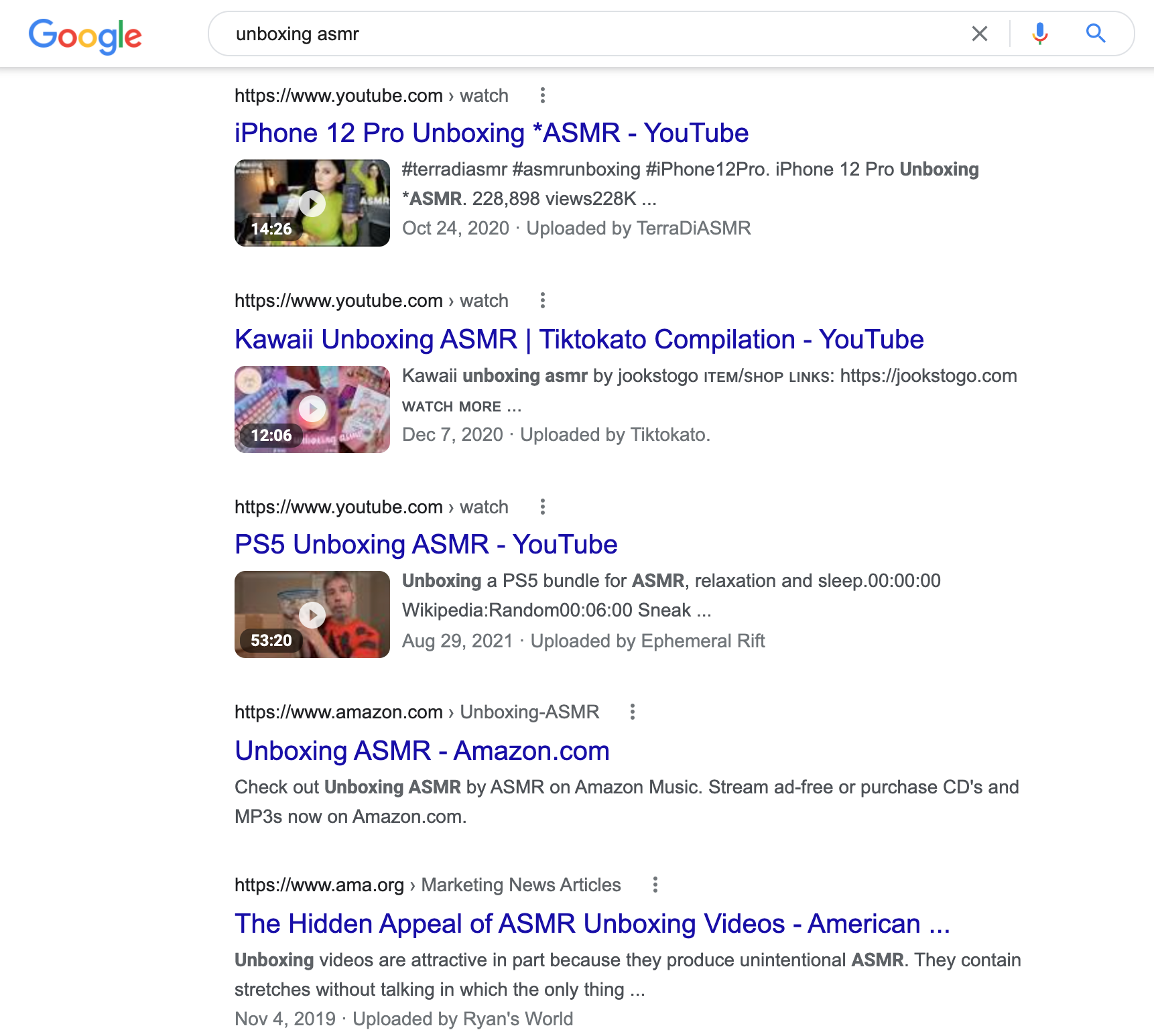 Search results of unboxing ASMR.
