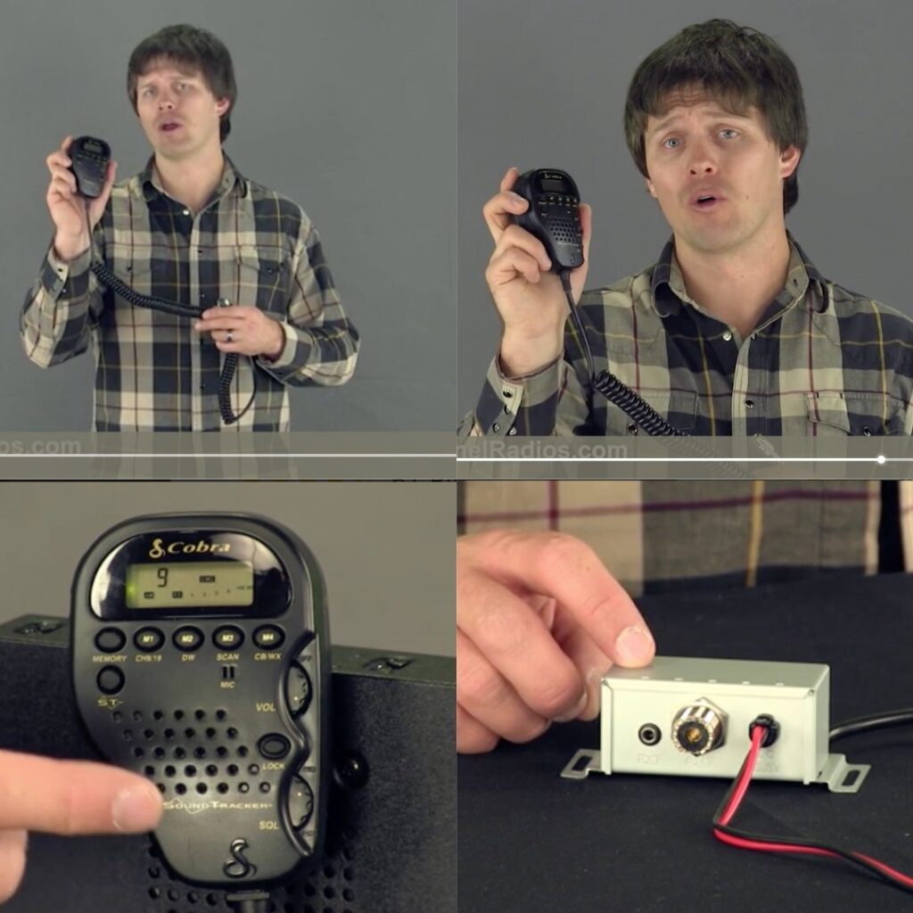 Person pointing to different features of the radio while talking