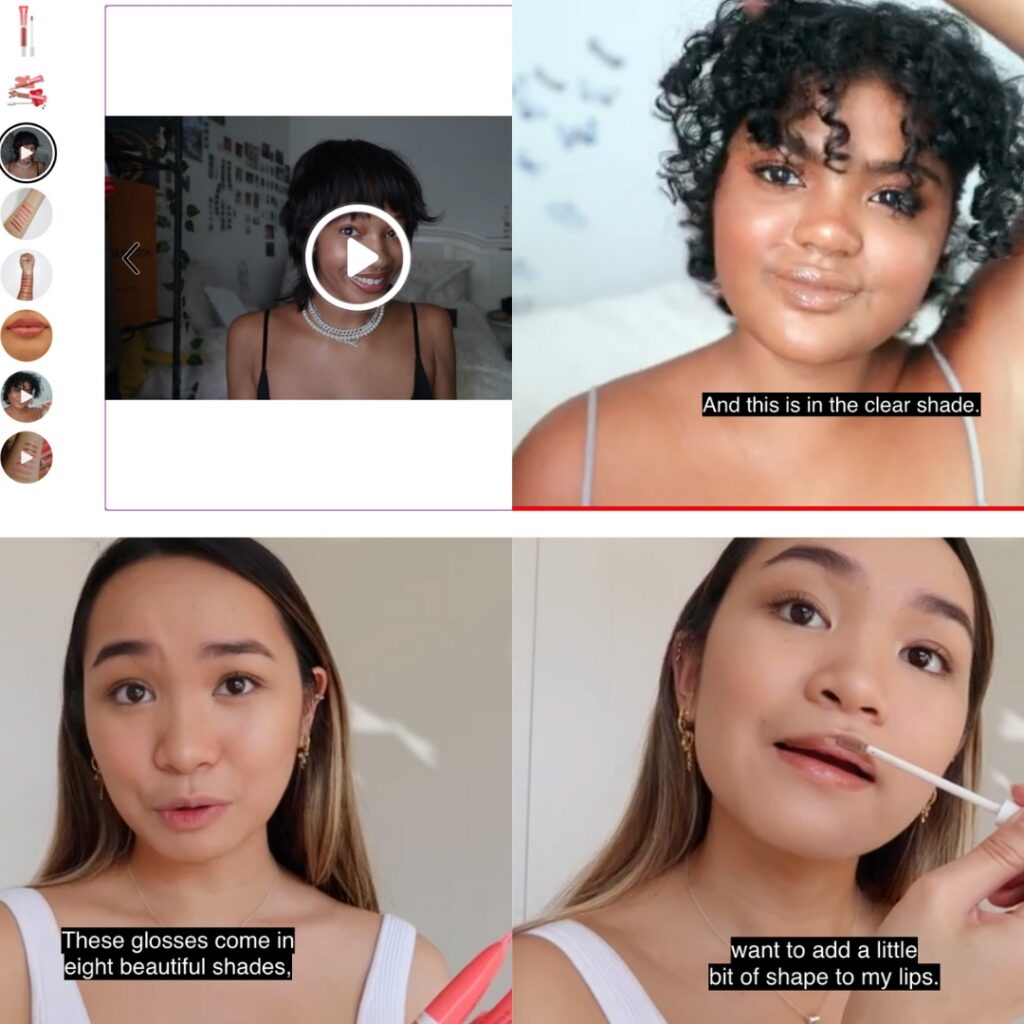 Shots of women putting on lipgloss with subtitles 