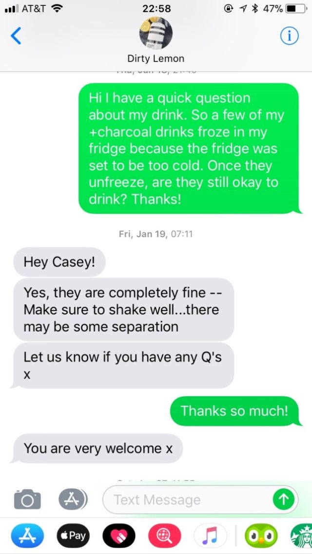 Dirty Lemon customer service text
