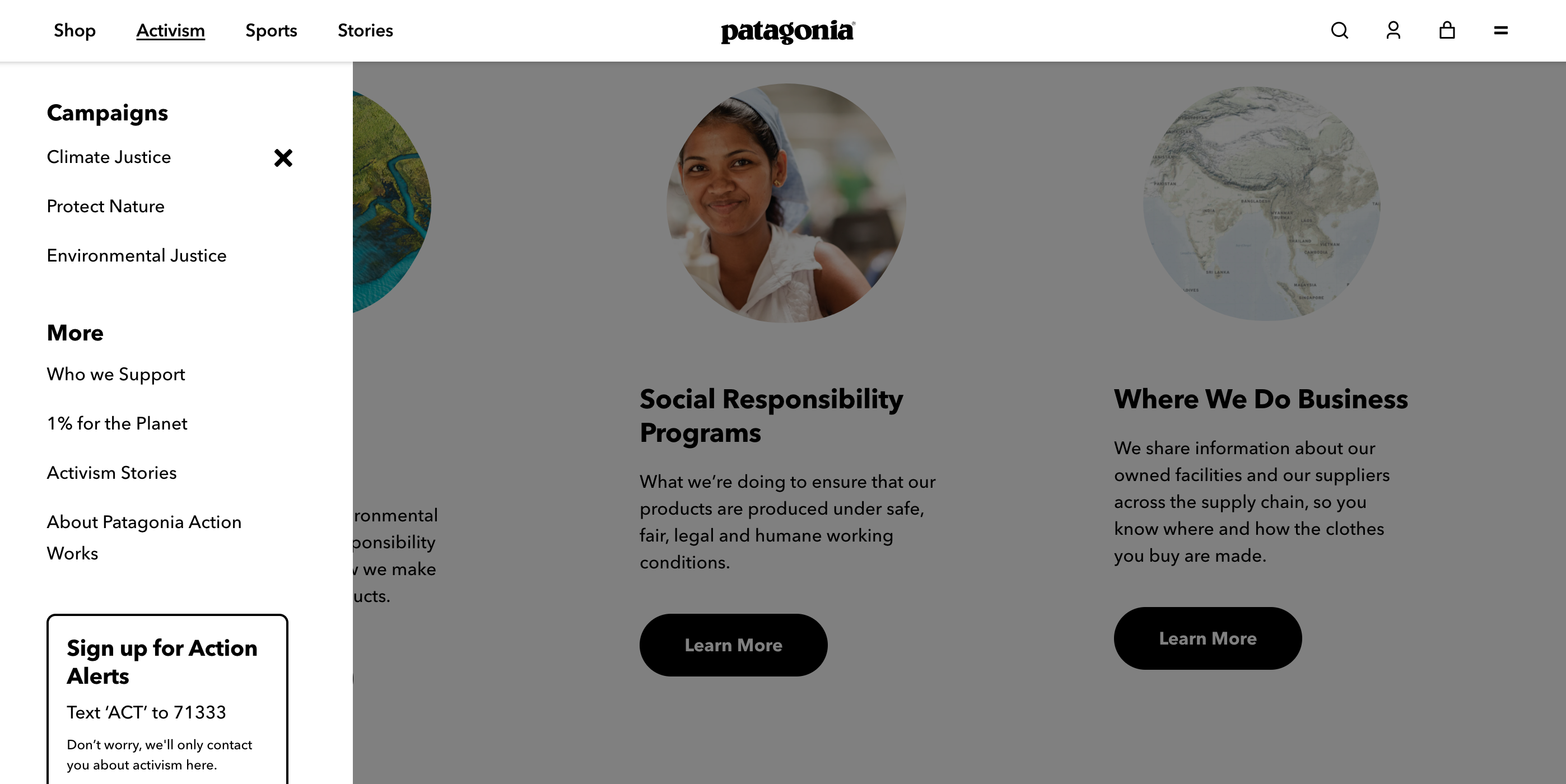 Patagonia's activism website menu