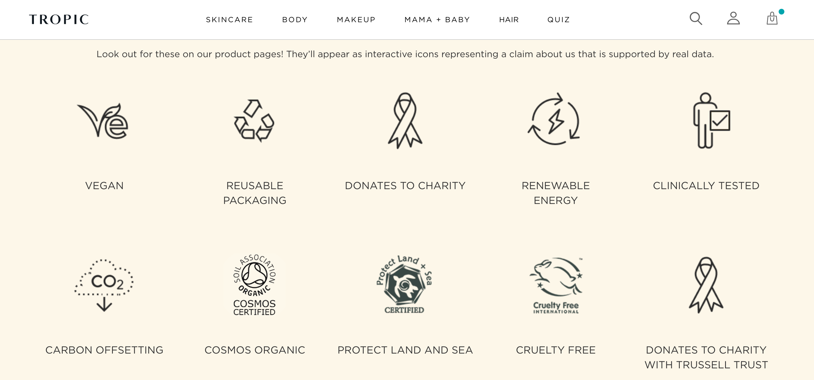 Sustainability icons from Tropic Skincare's website