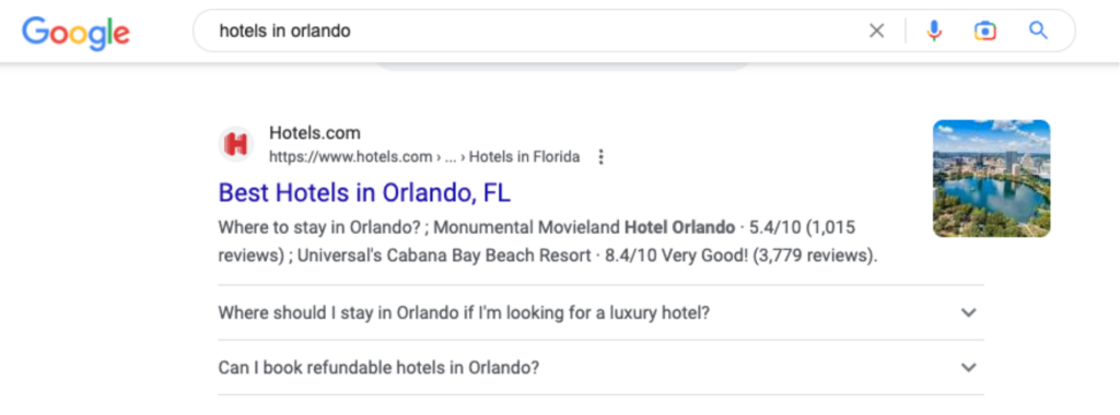 Example FAQ snippet for "hotels in Orlando" search