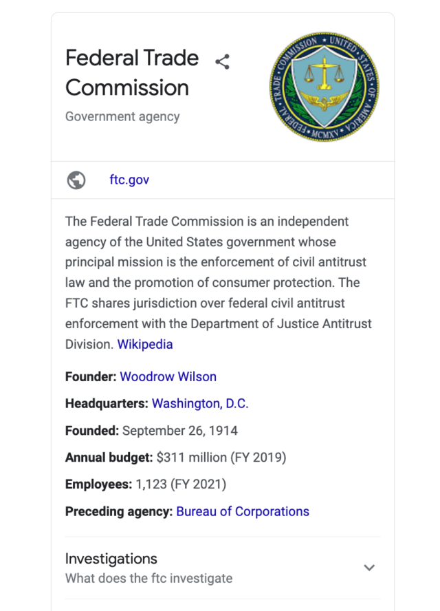 Example knowledge panel for the Federal Trade Commission