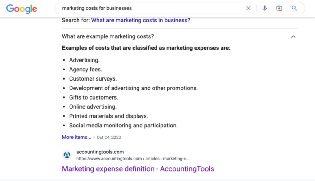 Example unordered list snippet for "marketing costs for businesses"