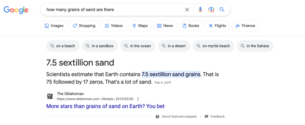 Example snippet showing grains of sand (7.5 sextillion)