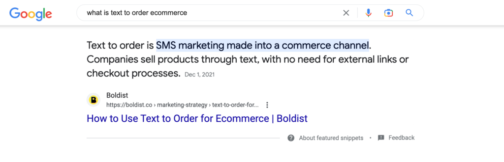 Example paragraph snippet for "text to order" search
