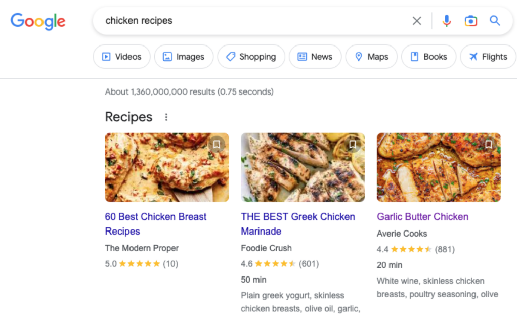 Example recipe snippet for "chicken recipes" search