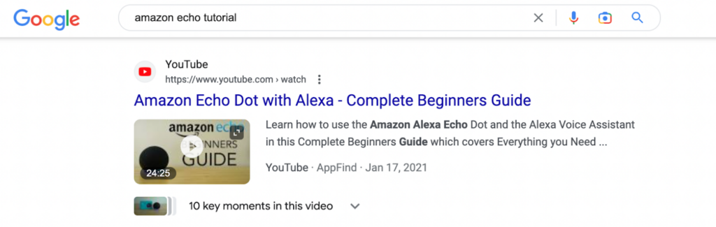 Example video rich snippet for "amazon echo tutorial" search