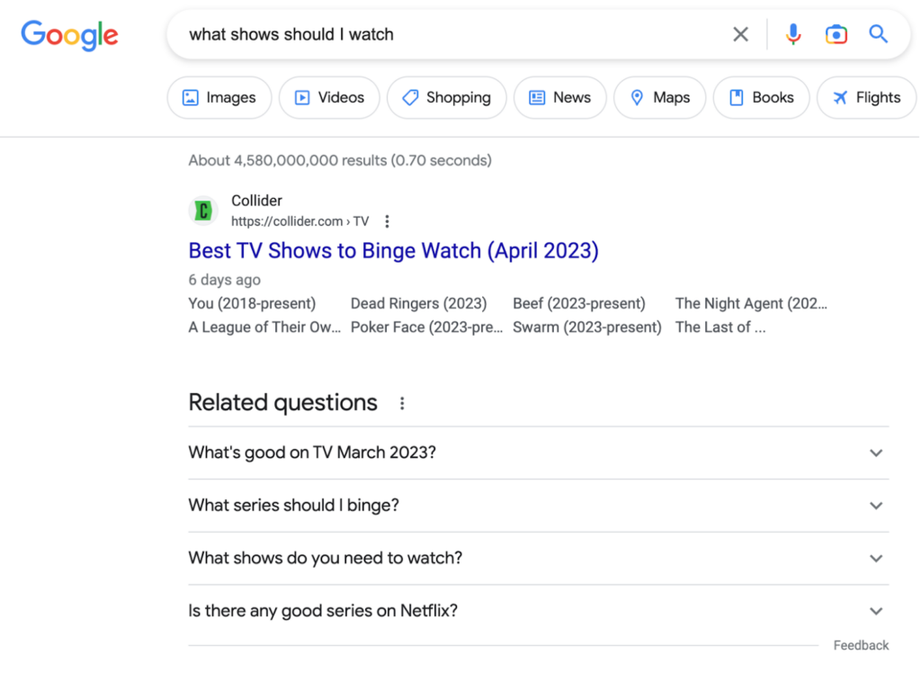 Example people also ask box for "what shows should I watch" search