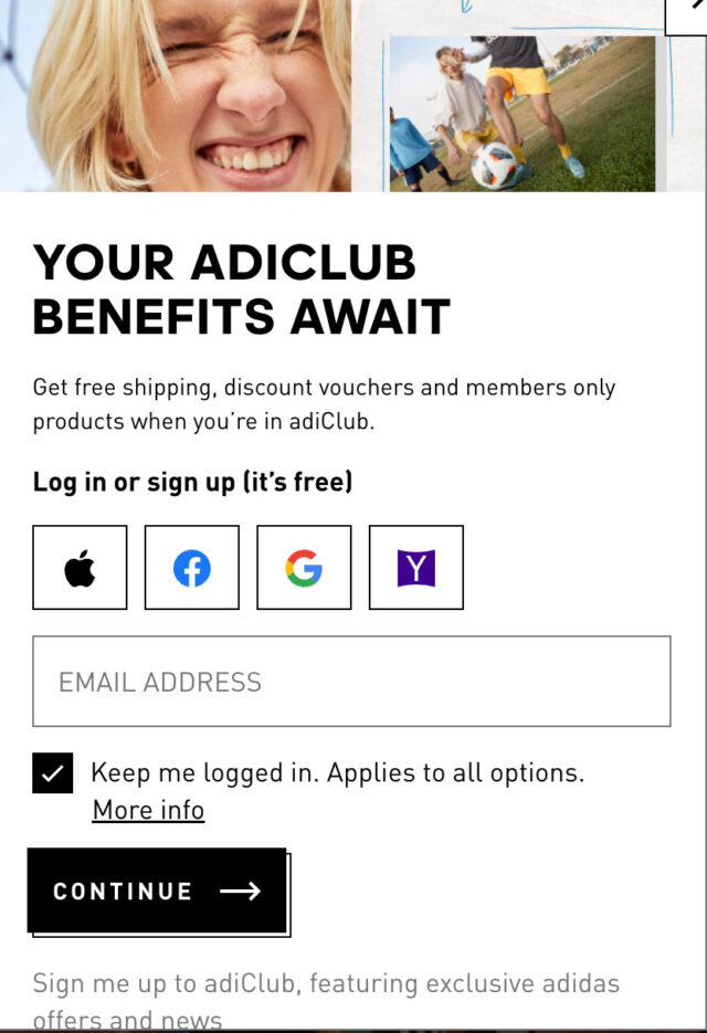 Adidas Adiclub social sign up page