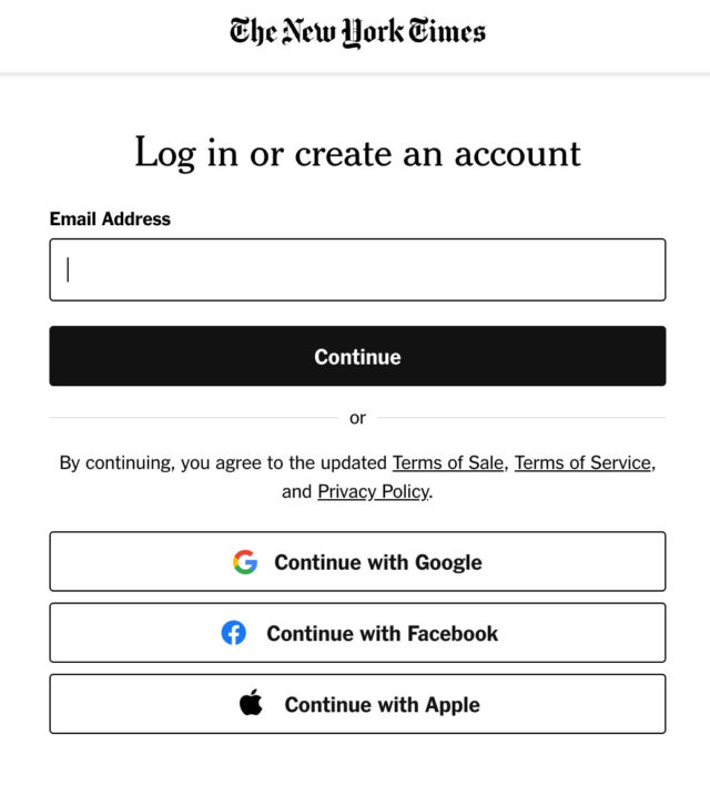 New York Times account sign up page