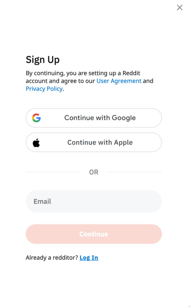 Reddits account sign up page