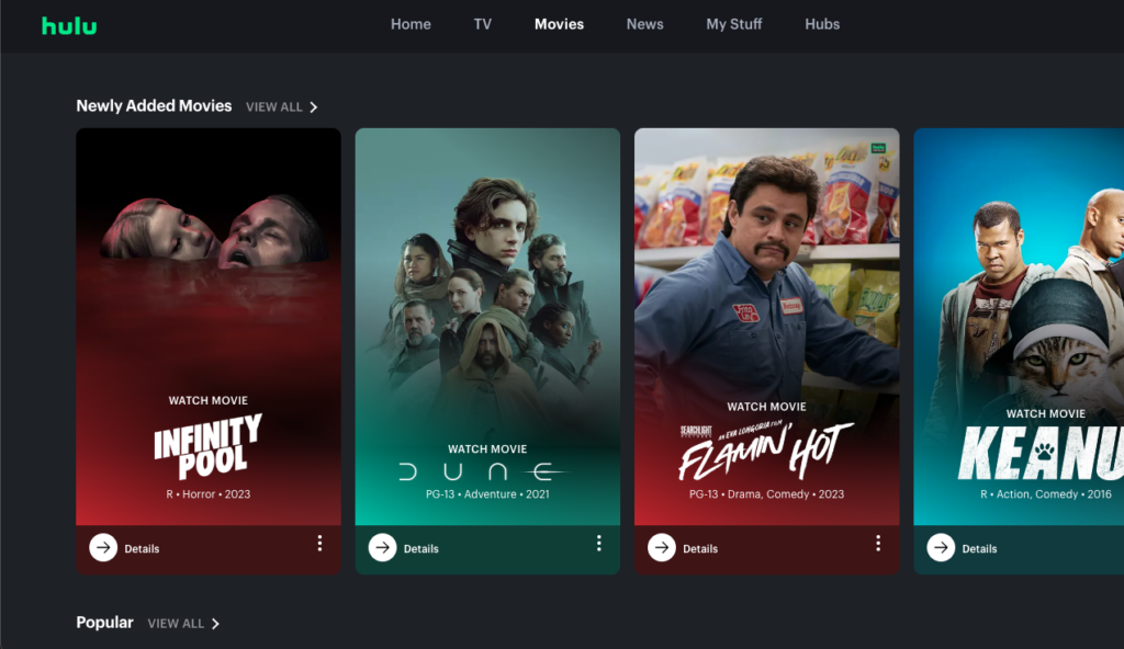 Hulu's Movies tab with kebab icons on each movie