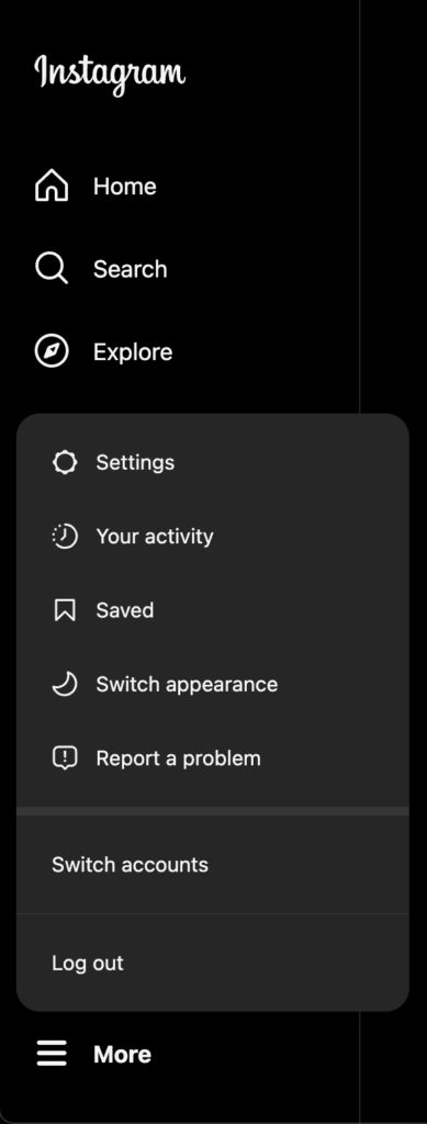 Instagram's side panel on the desktop website showing a cog icon for settings