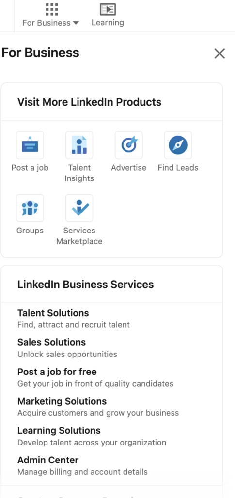LinkedIn's For Business bento icon in the top right of the page