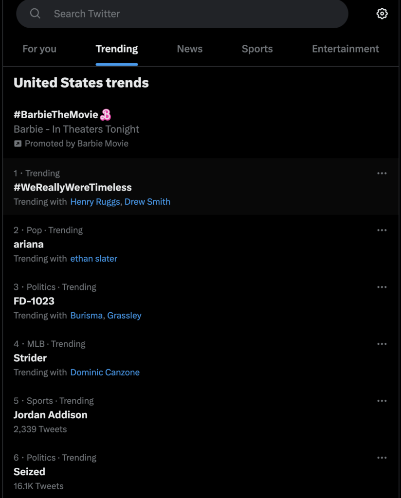 Twitter (X)'s Trending page with meatball icons on each trending topic