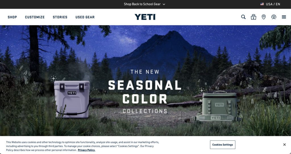 Yeti home page with hamburger icon in top right
